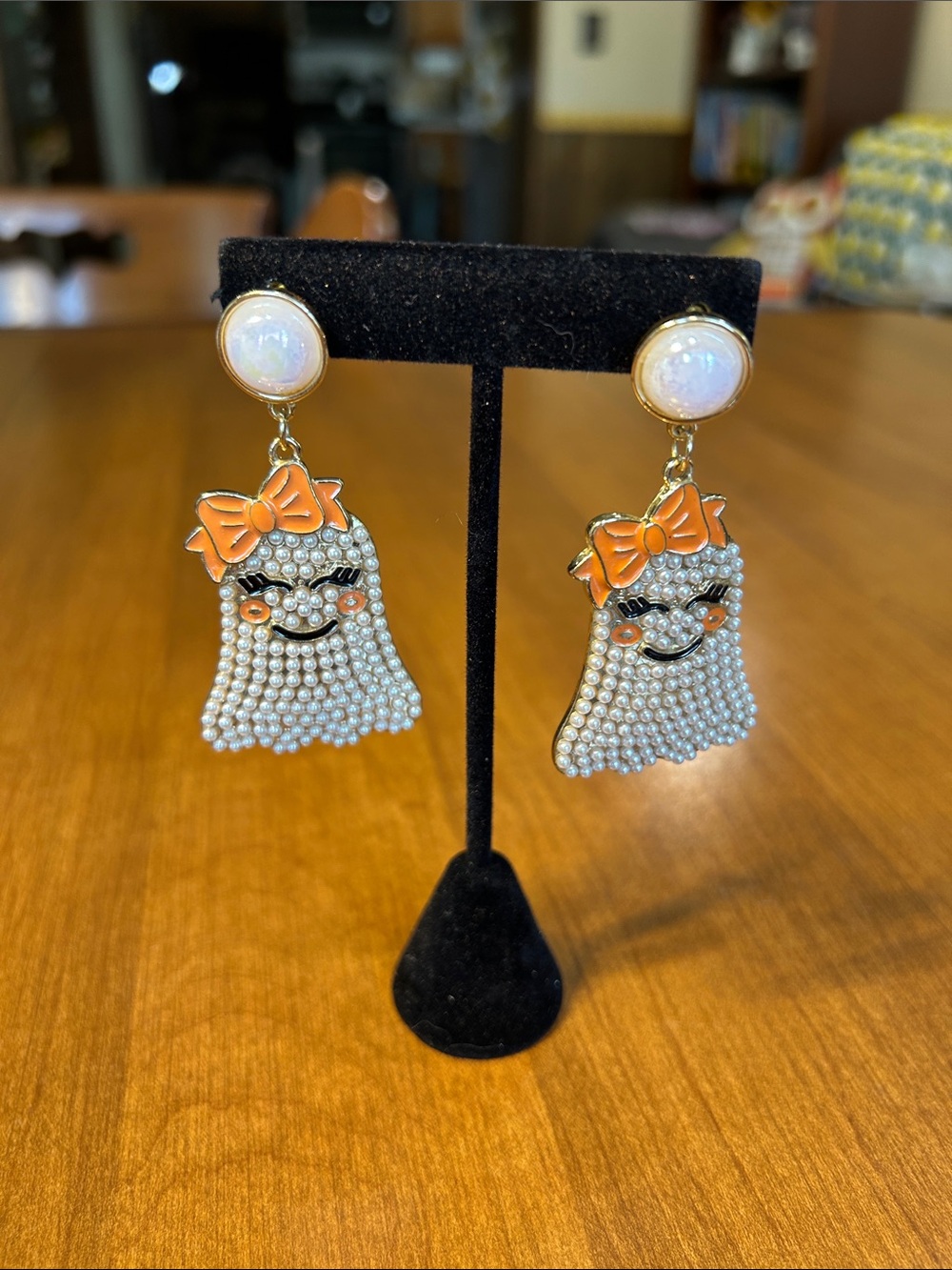 Cute Ghost Pearl Drop Earrings with Orange Bows